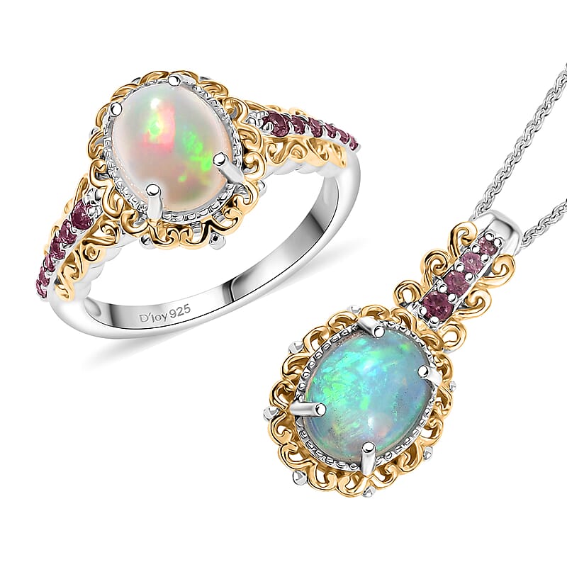 2 Piece Set - D'Joy Premium Ethiopian Welo Opal, Ouro Fino Rubellite 2.65 ctw Victorian Filigree Ring (Size 7.0) and Pendant Necklace 20 Inches in 18K Vermeil YG and Rhodium Over Sterling Silver