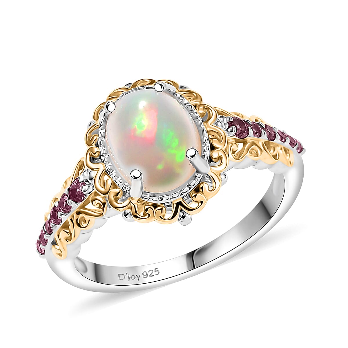 2 Piece Set - D'Joy Premium Ethiopian Welo Opal, Ouro Fino Rubellite 2.65 ctw Victorian Filigree Ring (Size 7.0) and Pendant Necklace 20 Inches in 18K Vermeil YG and Rhodium Over Sterling Silver image number 3