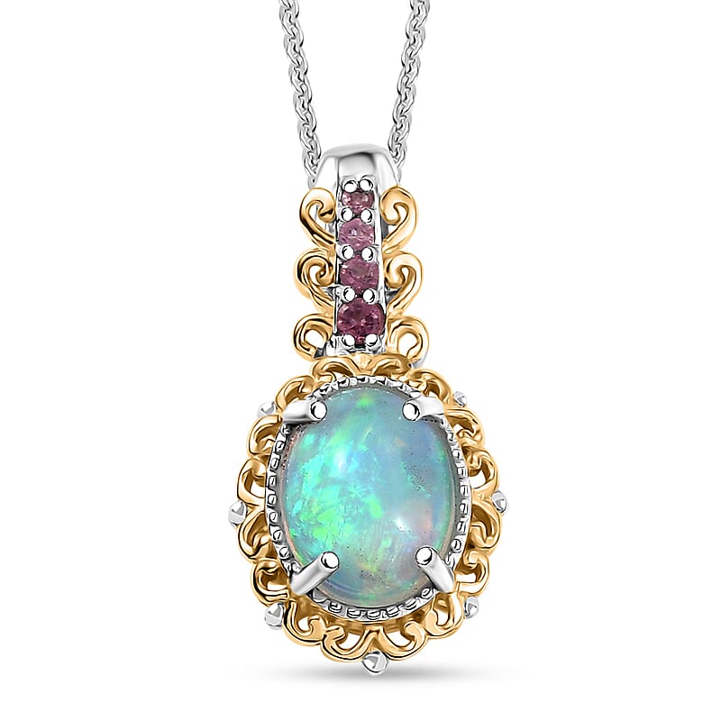 2 Piece Set - D'Joy Premium Ethiopian Welo Opal, Ouro Fino Rubellite 2.65 ctw Victorian Filigree Ring (Size 7.0) and Pendant Necklace 20 Inches in 18K Vermeil YG and Rhodium Over Sterling Silver
