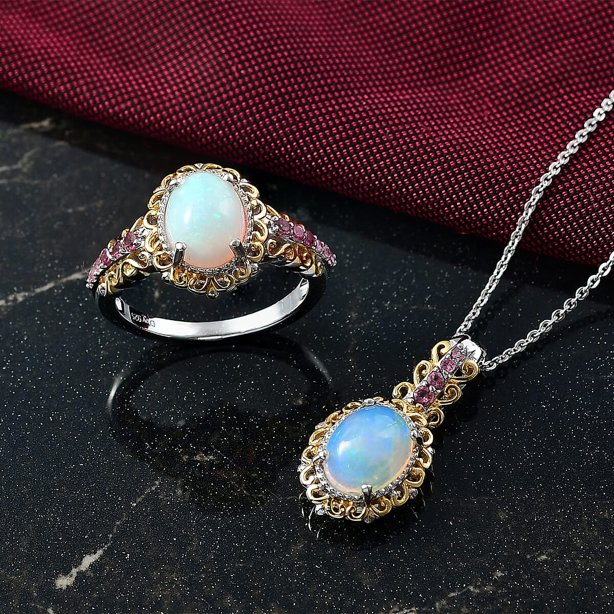 2 Piece Set - D'Joy Premium Ethiopian Welo Opal, Ouro Fino Rubellite 2.65 ctw Victorian Filigree Ring (Size 9.0) and Pendant Necklace 20 Inches in 18K Vermeil YG and Rhodium Over Sterling Silver image number 1