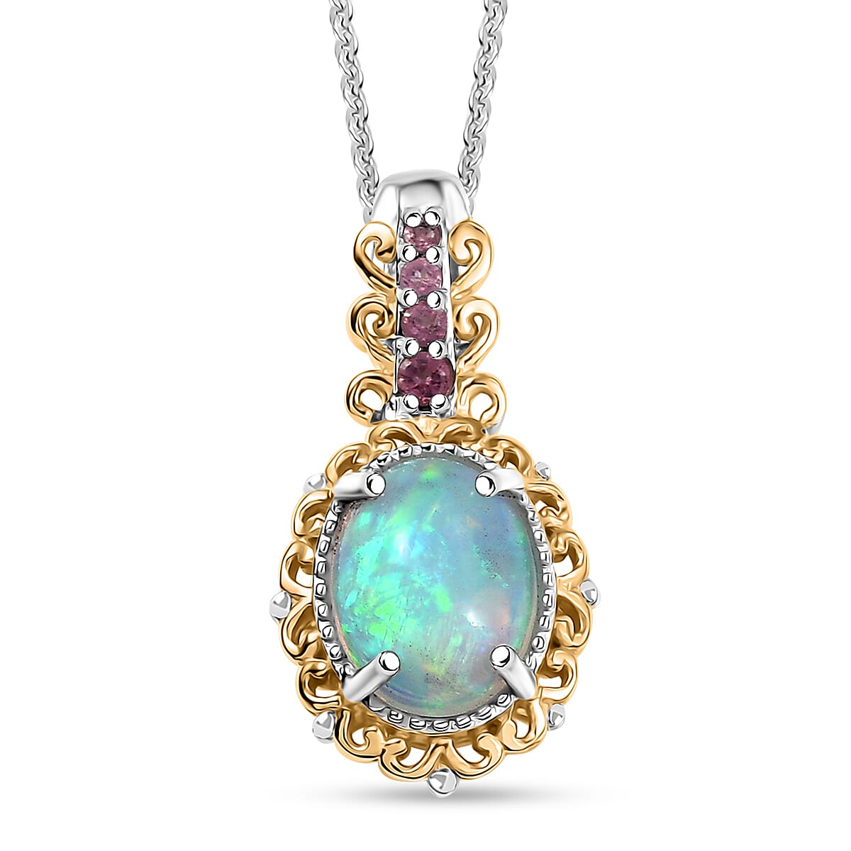 2 Piece Set - D'Joy Premium Ethiopian Welo Opal, Ouro Fino Rubellite 2.65 ctw Victorian Filigree Ring (Size 9.0) and Pendant Necklace 20 Inches in 18K Vermeil YG and Rhodium Over Sterling Silver image number 6