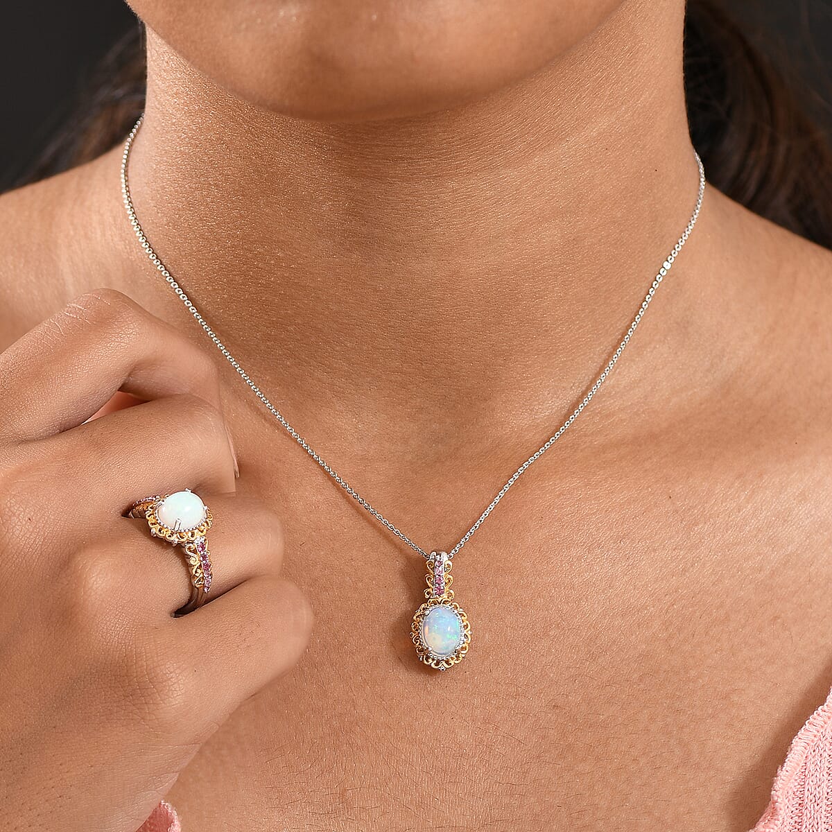 2 Piece Set - D'Joy Premium Ethiopian Welo Opal, Ouro Fino Rubellite 2.65 ctw Victorian Filigree Ring (Size 10.0) and Pendant Necklace 20 Inches in 18K Vermeil YG and Rhodium Over Sterling Silver image number 2
