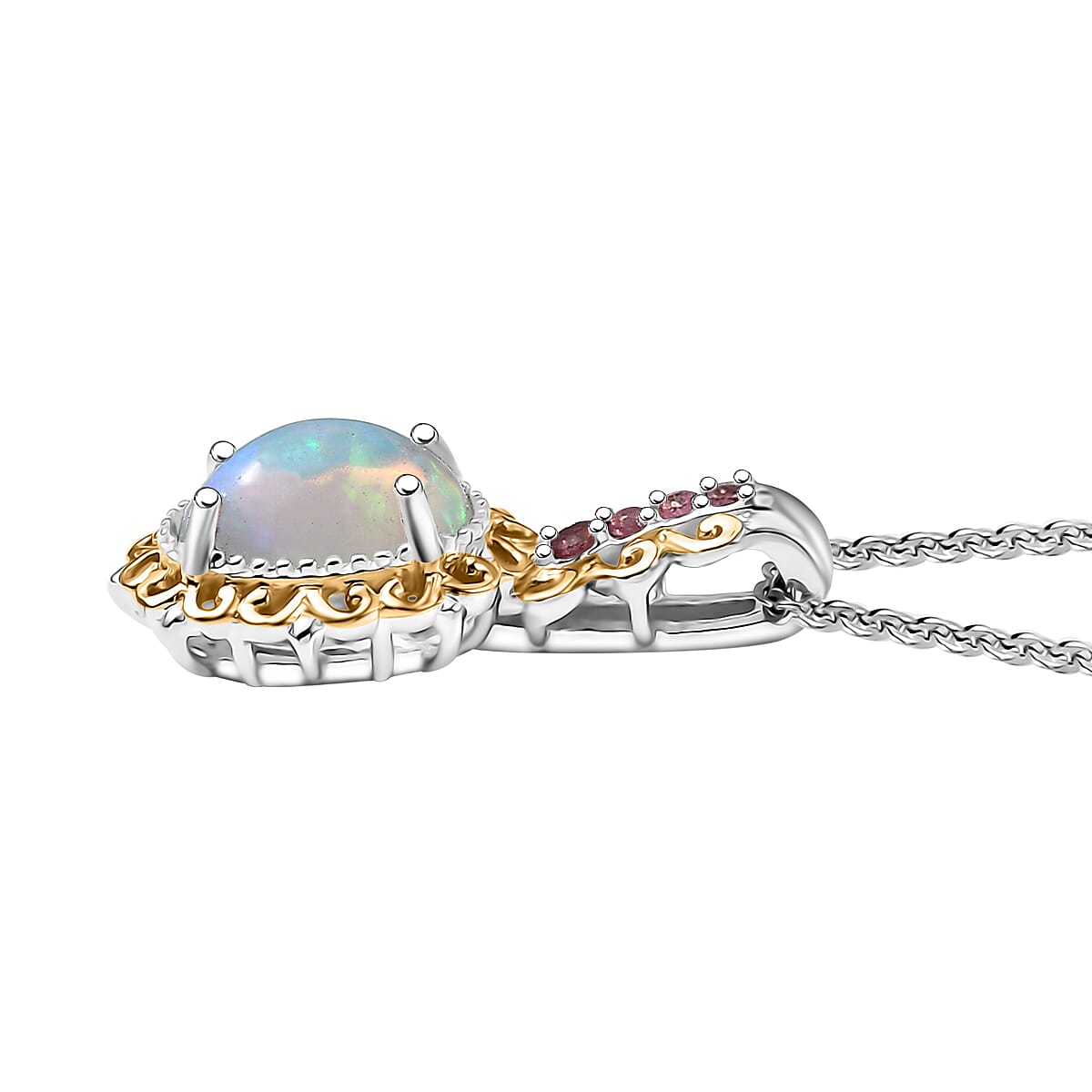 2 Piece Set - D'Joy Premium Ethiopian Welo Opal, Ouro Fino Rubellite 2.65 ctw Victorian Filigree Ring (Size 10.0) and Pendant Necklace 20 Inches in 18K Vermeil YG and Rhodium Over Sterling Silver image number 7