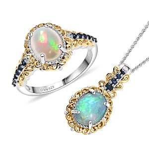 2 Piece Set - D'Joy Premium Ethiopian Welo Opal, Ceylon Blue Sapphire 2.65 ctw Victorian Filigree Ring (Size 7.0) and Pendant Necklace 20 Inches in 18K Vermeil YG and Rhodium Over Sterling Silver