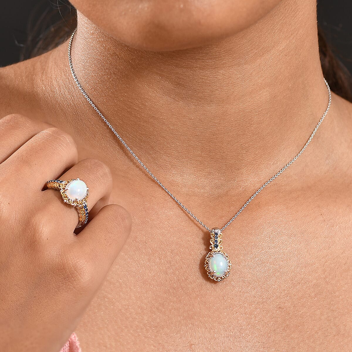2 Piece Set - D'Joy Premium Ethiopian Welo Opal, Ceylon Blue Sapphire 2.65 ctw Victorian Filigree Ring (Size 7.0) and Pendant Necklace 20 Inches in 18K Vermeil YG and Rhodium Over Sterling Silver image number 2