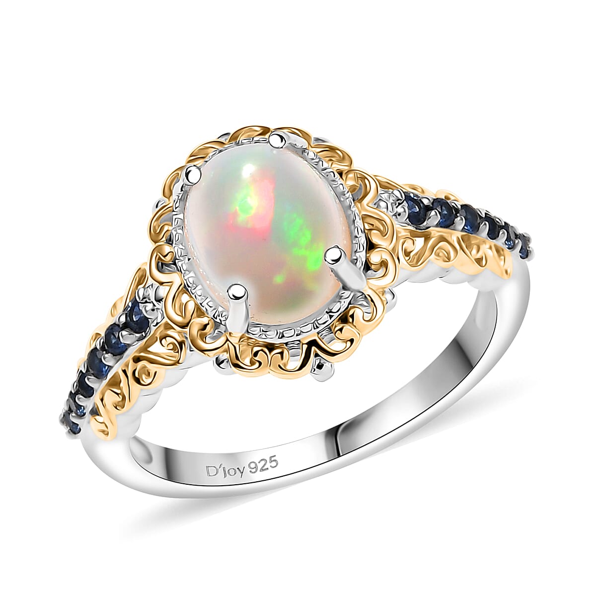 2 Piece Set - D'Joy Premium Ethiopian Welo Opal, Ceylon Blue Sapphire 2.65 ctw Victorian Filigree Ring (Size 7.0) and Pendant Necklace 20 Inches in 18K Vermeil YG and Rhodium Over Sterling Silver image number 3