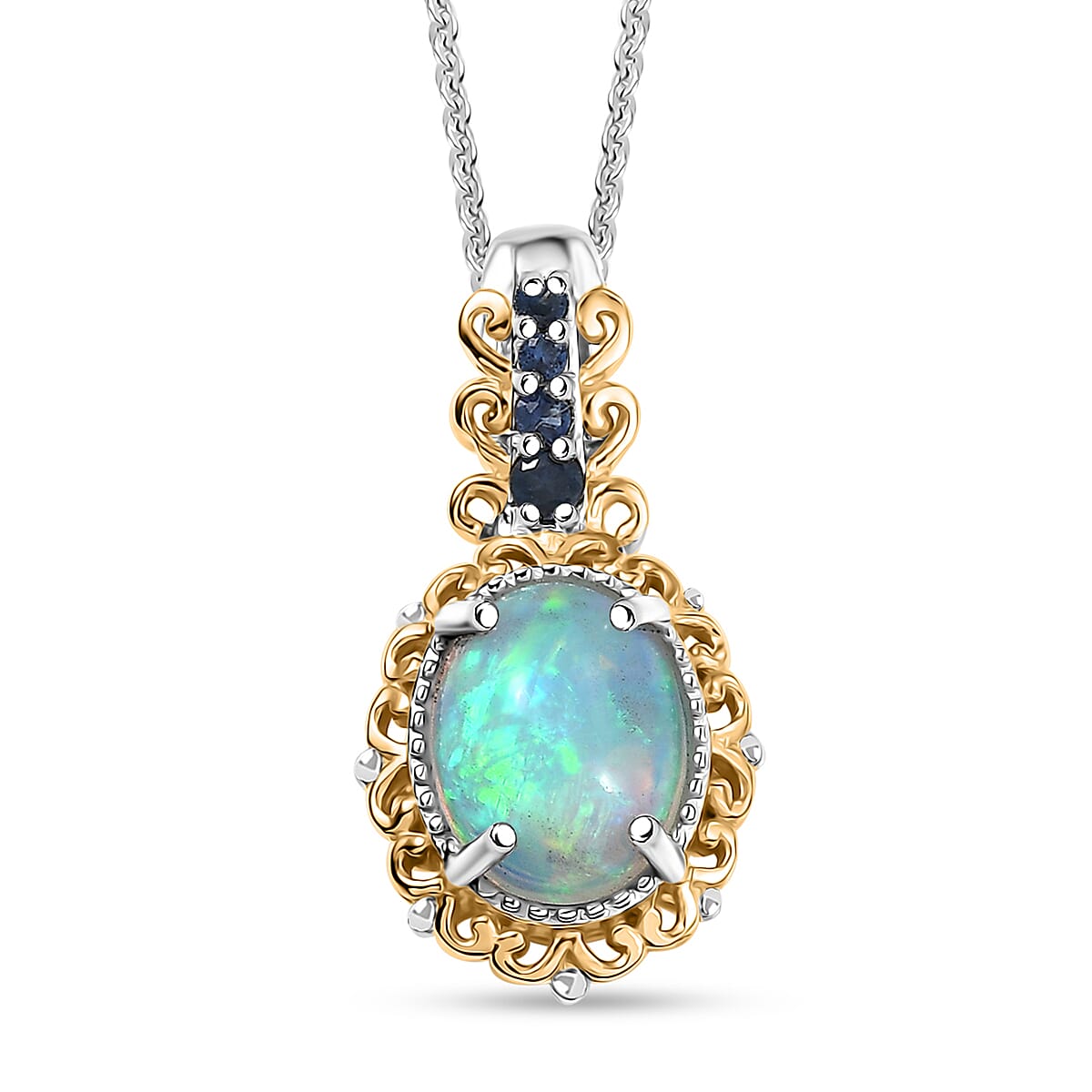 2 Piece Set - D'Joy Premium Ethiopian Welo Opal, Ceylon Blue Sapphire 2.65 ctw Victorian Filigree Ring (Size 7.0) and Pendant Necklace 20 Inches in 18K Vermeil YG and Rhodium Over Sterling Silver image number 6