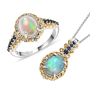 2 Piece Set - D'Joy Premium Ethiopian Welo Opal, Ceylon Blue Sapphire 2.65 ctw Victorian Filigree Ring (Size 10.0) and Pendant Necklace 20 Inches in 18K Vermeil YG and Rhodium Over Sterling Silver