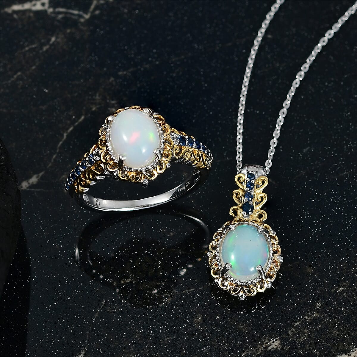 2 Piece Set - D'Joy Premium Ethiopian Welo Opal, Ceylon Blue Sapphire 2.65 ctw Victorian Filigree Ring (Size 10.0) and Pendant Necklace 20 Inches in 18K Vermeil YG and Rhodium Over Sterling Silver image number 1