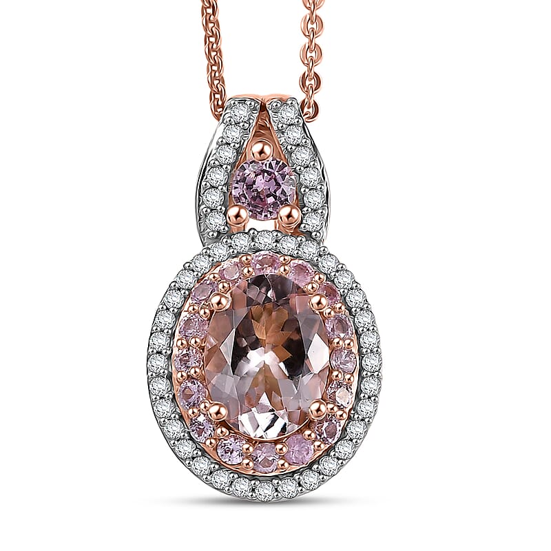 D'Joy Premium Pink Morganite and Moissanite 1.85 ctw Blush Coronet Pendant Necklace 20 Inches in 18K Vermeil Rose Gold Over Sterling Silver
