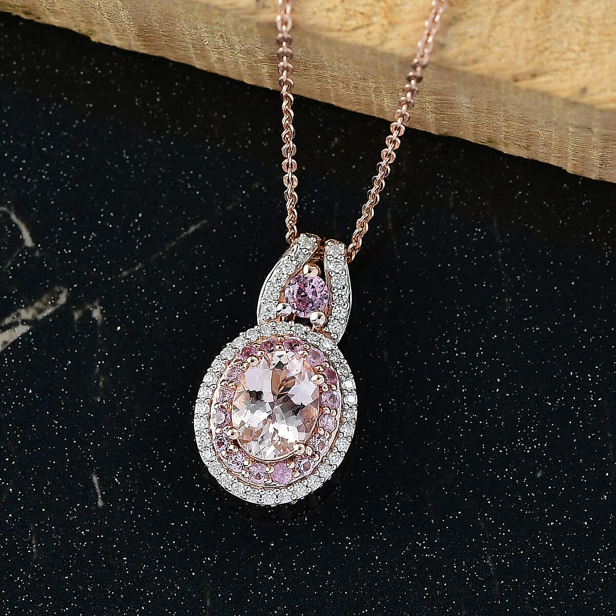 D'Joy Premium Pink Morganite and Moissanite 1.85 ctw Blush Coronet Pendant Necklace 20 Inches in 18K Vermeil Rose Gold Over Sterling Silver  image number 1