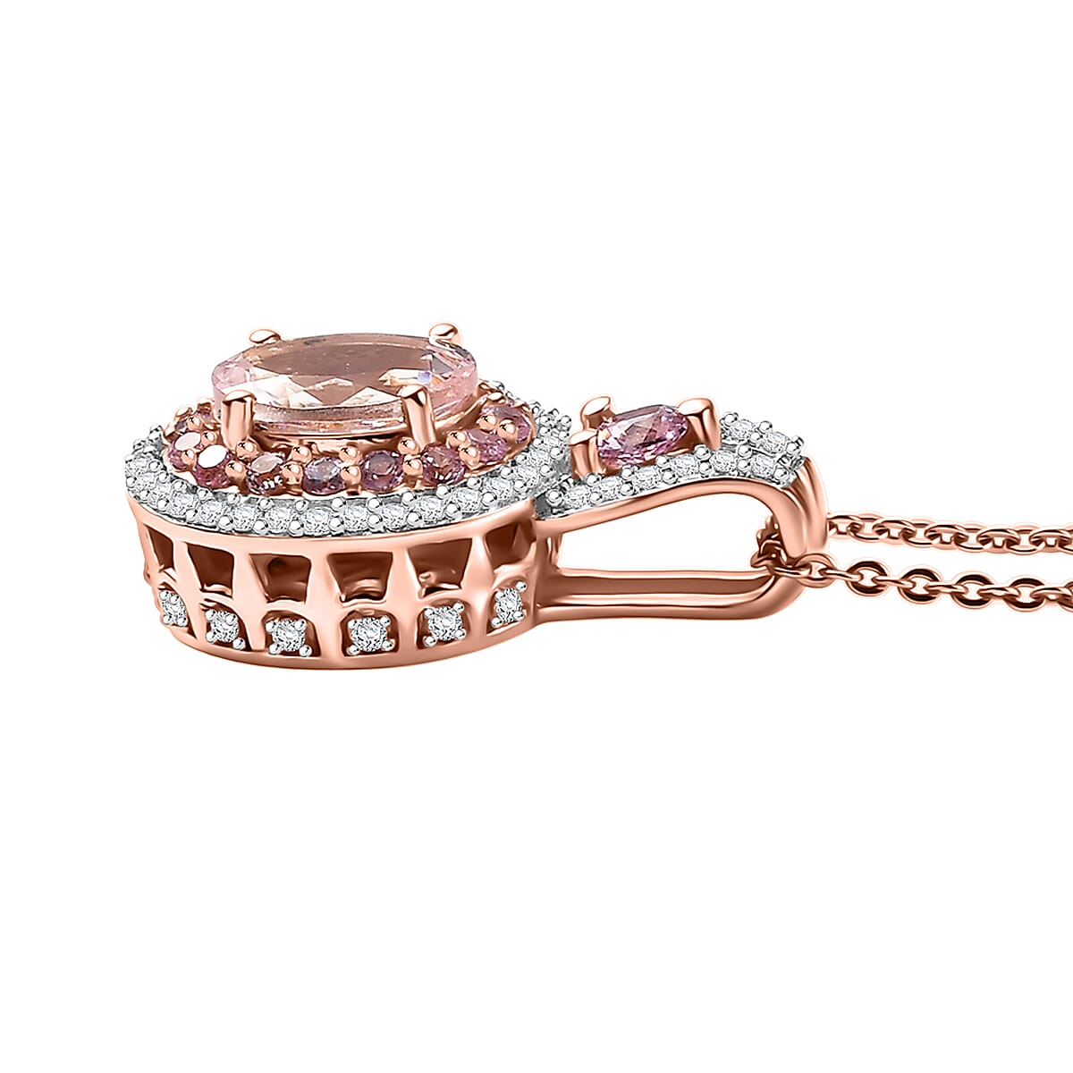 D'Joy Premium Pink Morganite and Moissanite 1.85 ctw Blush Coronet Pendant Necklace 20 Inches in 18K Vermeil Rose Gold Over Sterling Silver  image number 3