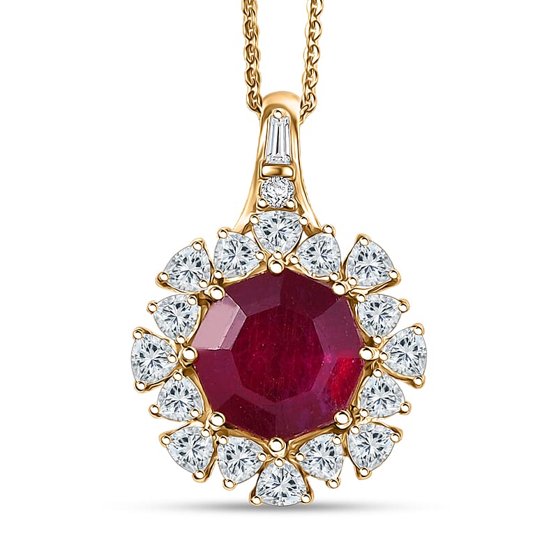 D'Joy Niassa Ruby (FF) and Moissanite 8.00 ctw Dahlia Flower Pendant Necklace in 18K Vermeil Yellow Gold Over Sterling Silver 20 Inches