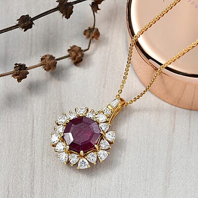 D'Joy Niassa Ruby (FF) and Moissanite 8.00 ctw Dahlia Flower Pendant Necklace in 18K Vermeil Yellow Gold Over Sterling Silver 20 Inches