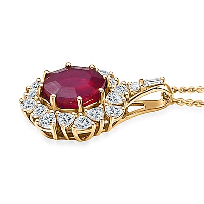 D'Joy Niassa Ruby (FF) and Moissanite 8.00 ctw Dahlia Flower Pendant Necklace in 18K Vermeil Yellow Gold Over Sterling Silver 20 Inches