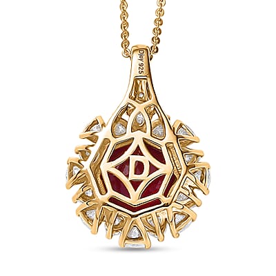 D'Joy Niassa Ruby (FF) and Moissanite 8.00 ctw Dahlia Flower Pendant Necklace in 18K Vermeil Yellow Gold Over Sterling Silver 20 Inches