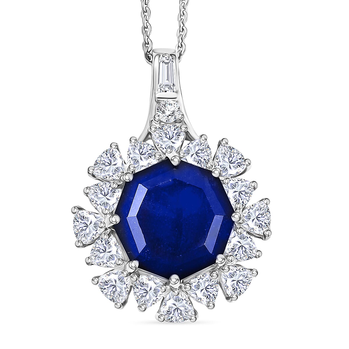 D'Joy Masoala Sapphire (D) and Moissanite 8.20 ctw Dahlia Flower Pendant Necklace in Rhodium Over Sterling Silver 20 Inches