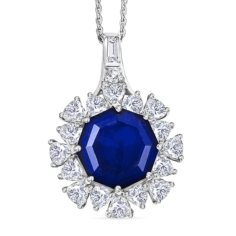 D'Joy Masoala Sapphire (D) and Moissanite 8.20 ctw Dahlia Flower Pendant Necklace in Rhodium Over Sterling Silver 20 Inches