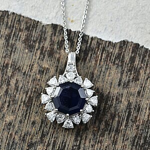 D'Joy Masoala Sapphire (D) and Moissanite 8.20 ctw Pendant Necklace in Rhodium Over Sterling Silver 20 Inches