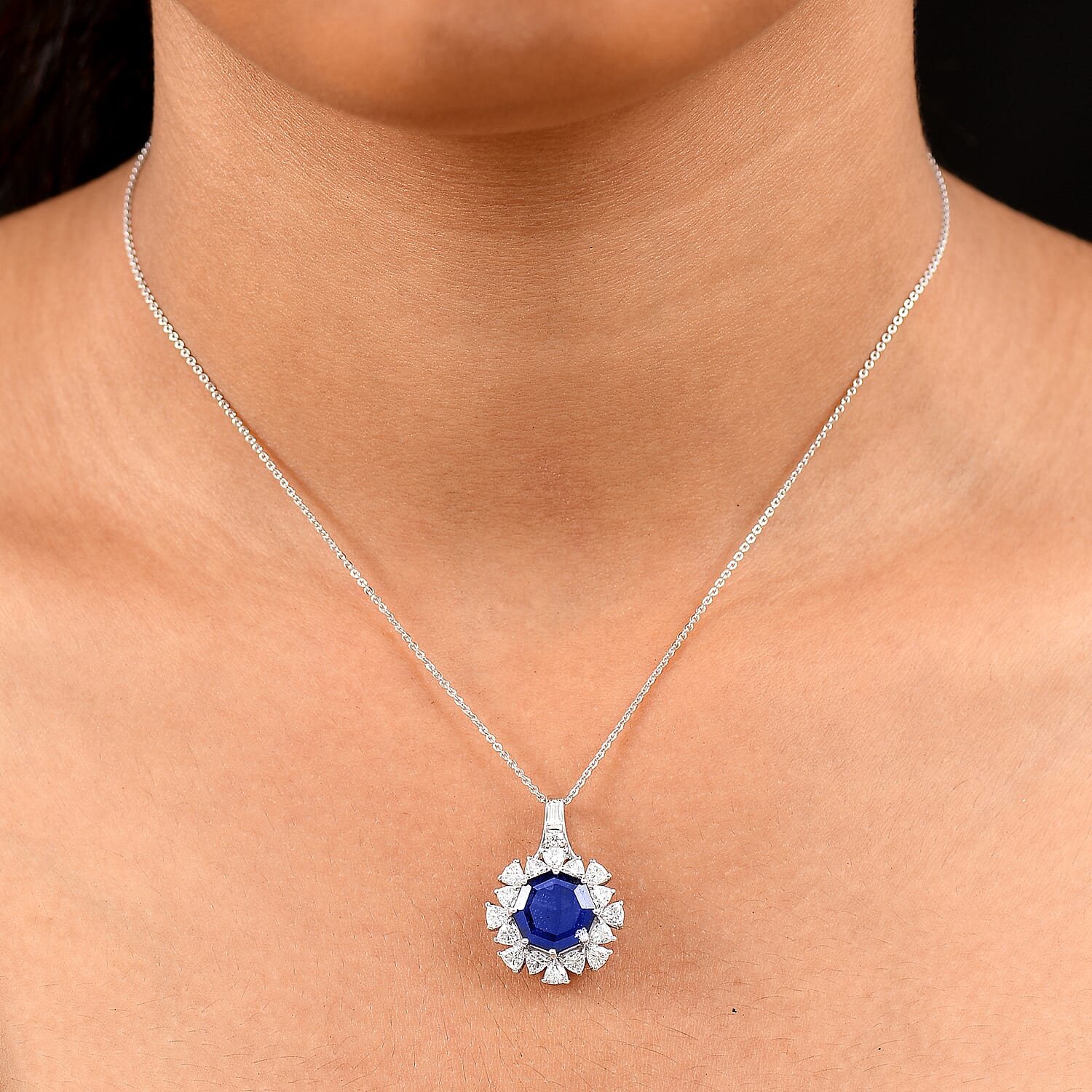 D'Joy Masoala Sapphire (D) and Moissanite 8.20 ctw Dahlia Flower Pendant Necklace in Rhodium Over Sterling Silver 20 Inches