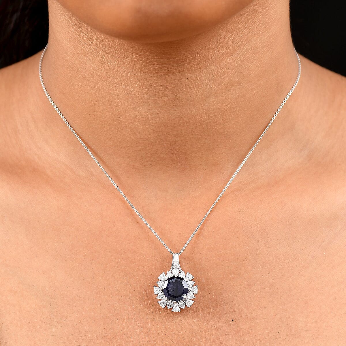 D'Joy Masoala Sapphire (D) and Moissanite 8.20 ctw Pendant Necklace in Rhodium Over Sterling Silver 20 Inches image number 2