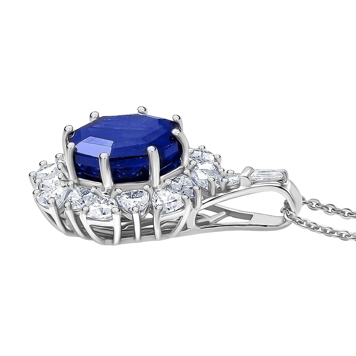 D'Joy Masoala Sapphire (D) and Moissanite 8.20 ctw Dahlia Flower Pendant Necklace in Rhodium Over Sterling Silver 20 Inches