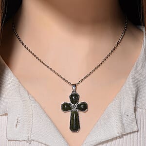 Connemara Marble 20.00 ctw Celtic Strength line of Faith Cross Pendant in Silvertone with Stainless Steel Necklace 20 Inches