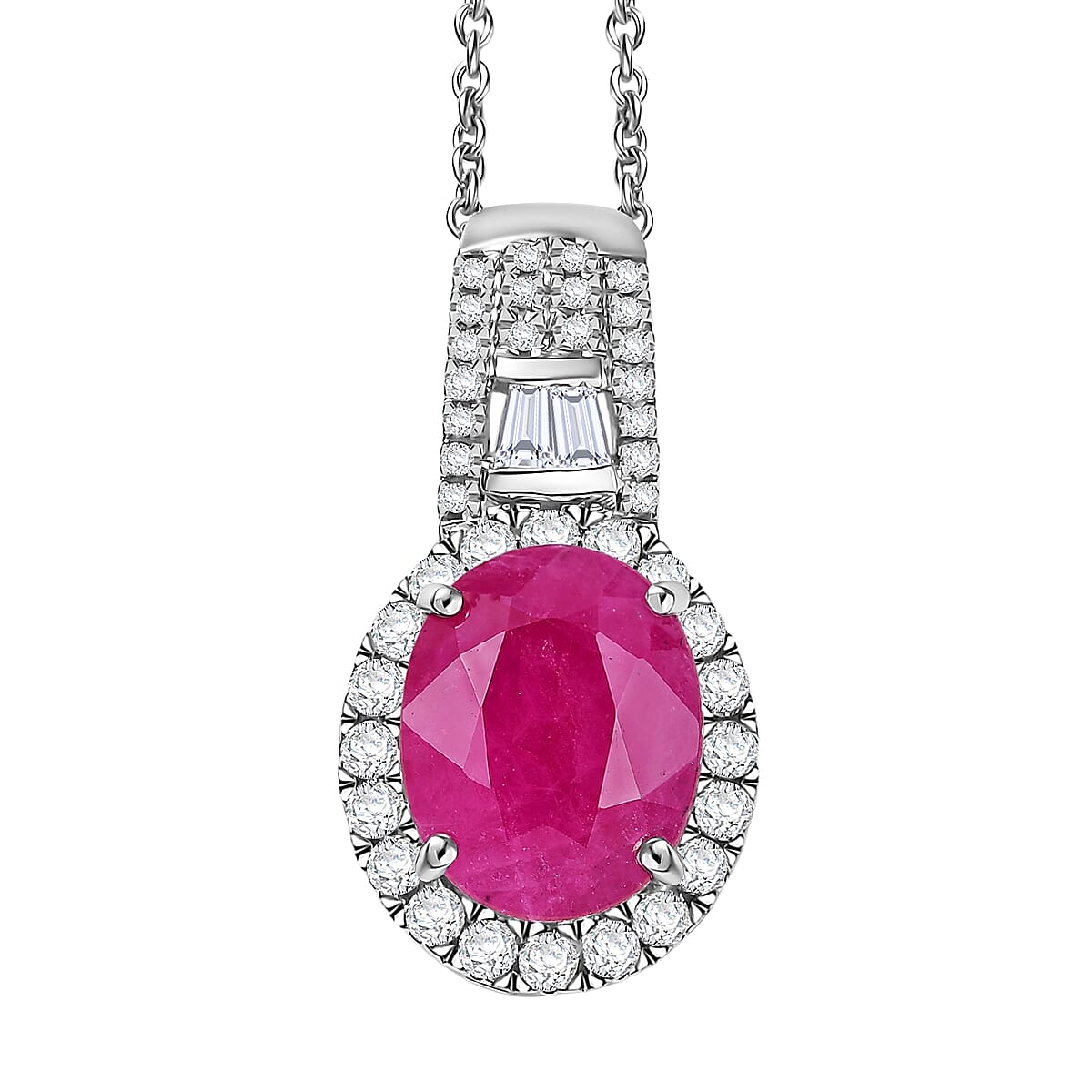 Luxoro AAA Montepuez Ruby and G-H I2 Diamond 3.40 ctw Classic Halo Pendant Necklace in 10K White Gold 20 Inches image number 0