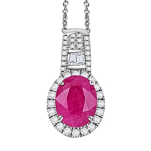 Luxoro AAA Montepuez Ruby and G-H I2 Diamond 3.40 ctw Classic Halo Pendant Necklace in 10K White Gold 20 Inches