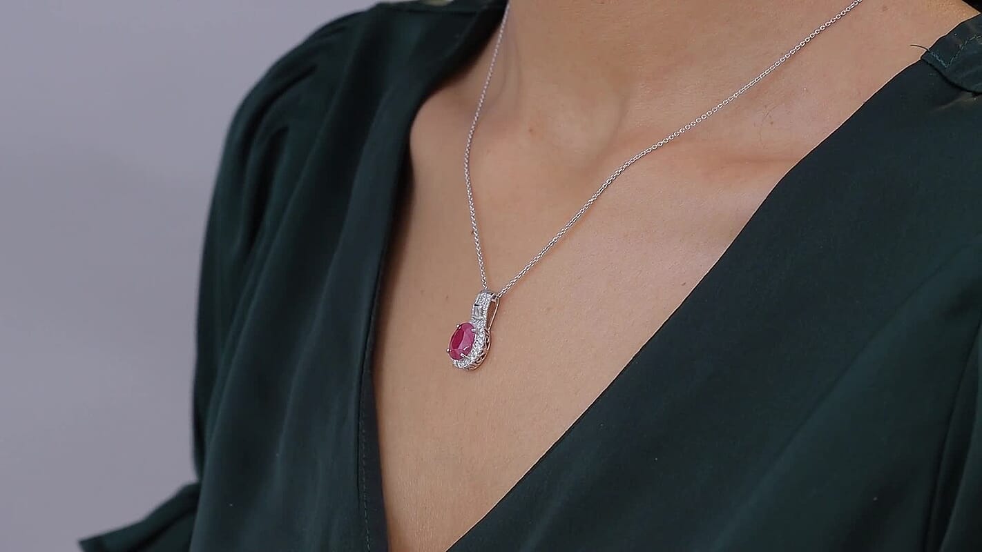 Luxoro AAA Montepuez Ruby and G-H I2 Diamond 3.40 ctw Classic Halo Pendant Necklace in 10K White Gold 20 Inches
