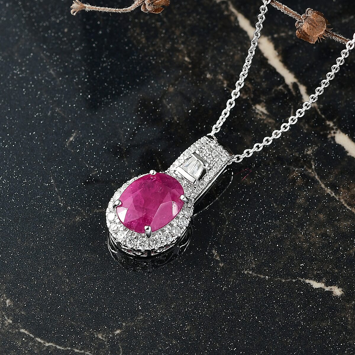 Luxoro AAA Montepuez Ruby and G-H I2 Diamond 3.40 ctw Classic Halo Pendant Necklace in 10K White Gold 20 Inches image number 1