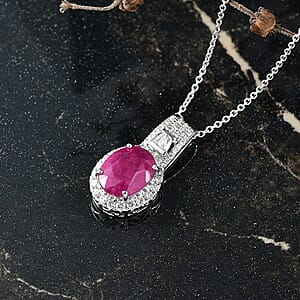 Luxoro AAA Montepuez Ruby and G-H I2 Diamond 3.40 ctw Classic Halo Pendant Necklace in 10K White Gold 20 Inches