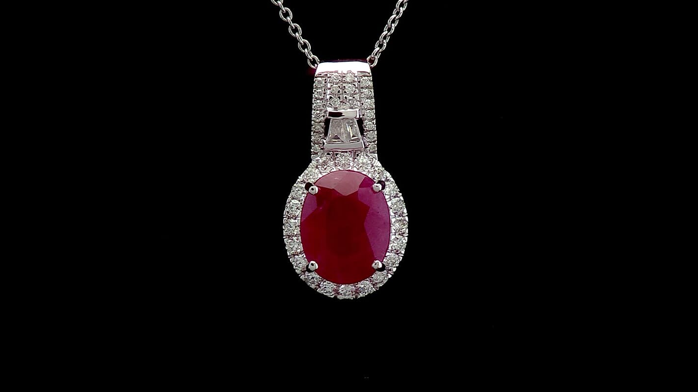 Luxoro AAA Montepuez Ruby and G-H I2 Diamond 3.40 ctw Classic Halo Pendant Necklace in 10K White Gold 20 Inches