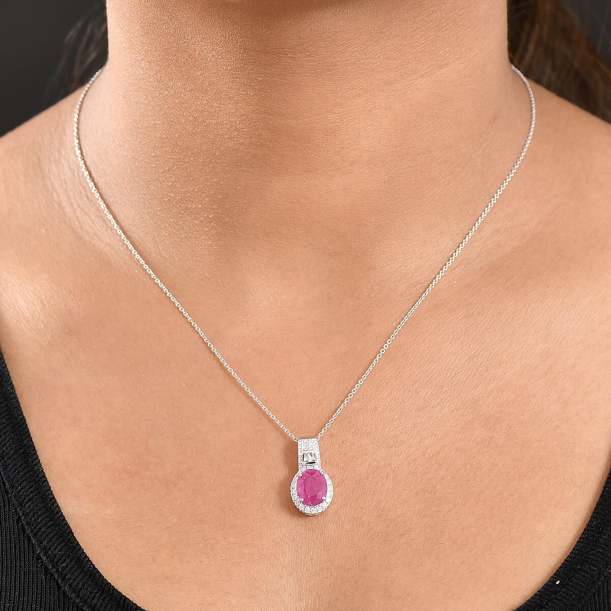 Luxoro AAA Montepuez Ruby and G-H I2 Diamond 3.40 ctw Classic Halo Pendant Necklace in 10K White Gold 20 Inches image number 2