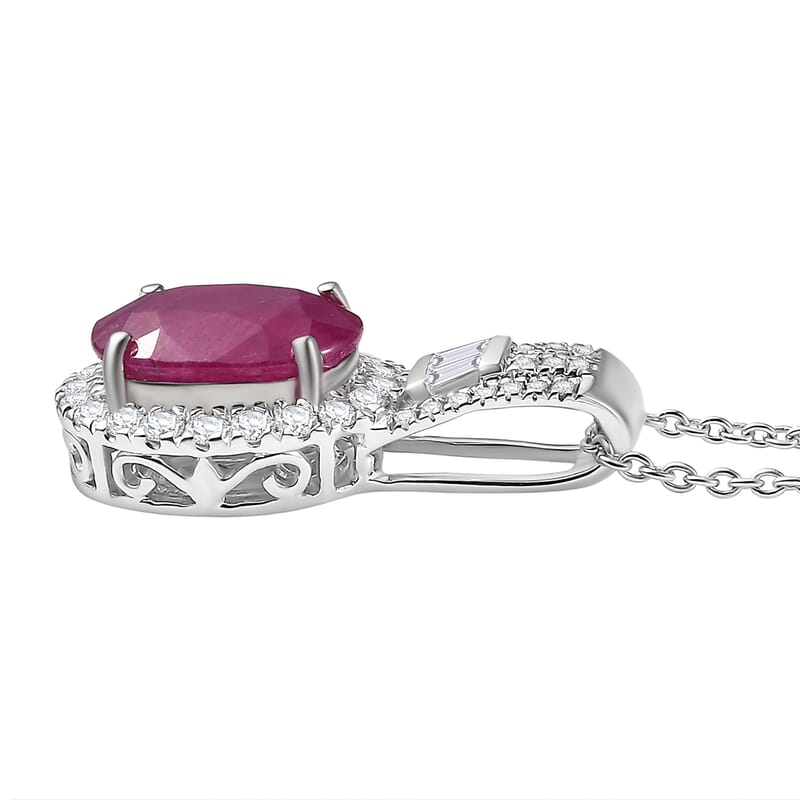 Luxoro AAA Montepuez Ruby and G-H I2 Diamond 3.40 ctw Classic Halo Pendant Necklace in 10K White Gold 20 Inches