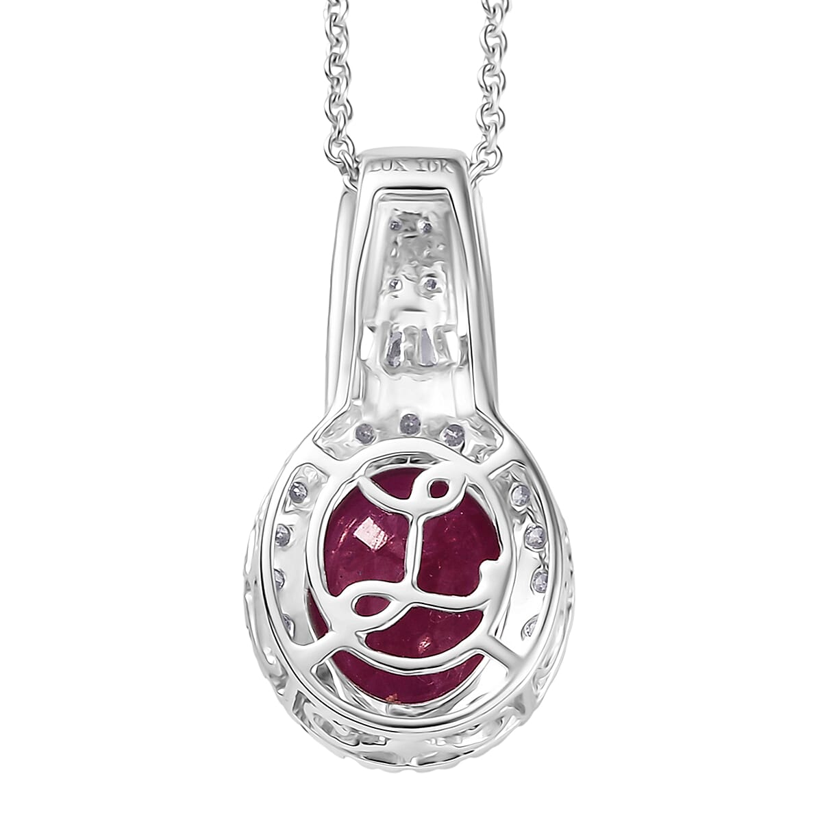 Luxoro AAA Montepuez Ruby and G-H I2 Diamond 3.40 ctw Classic Halo Pendant Necklace in 10K White Gold 20 Inches image number 4