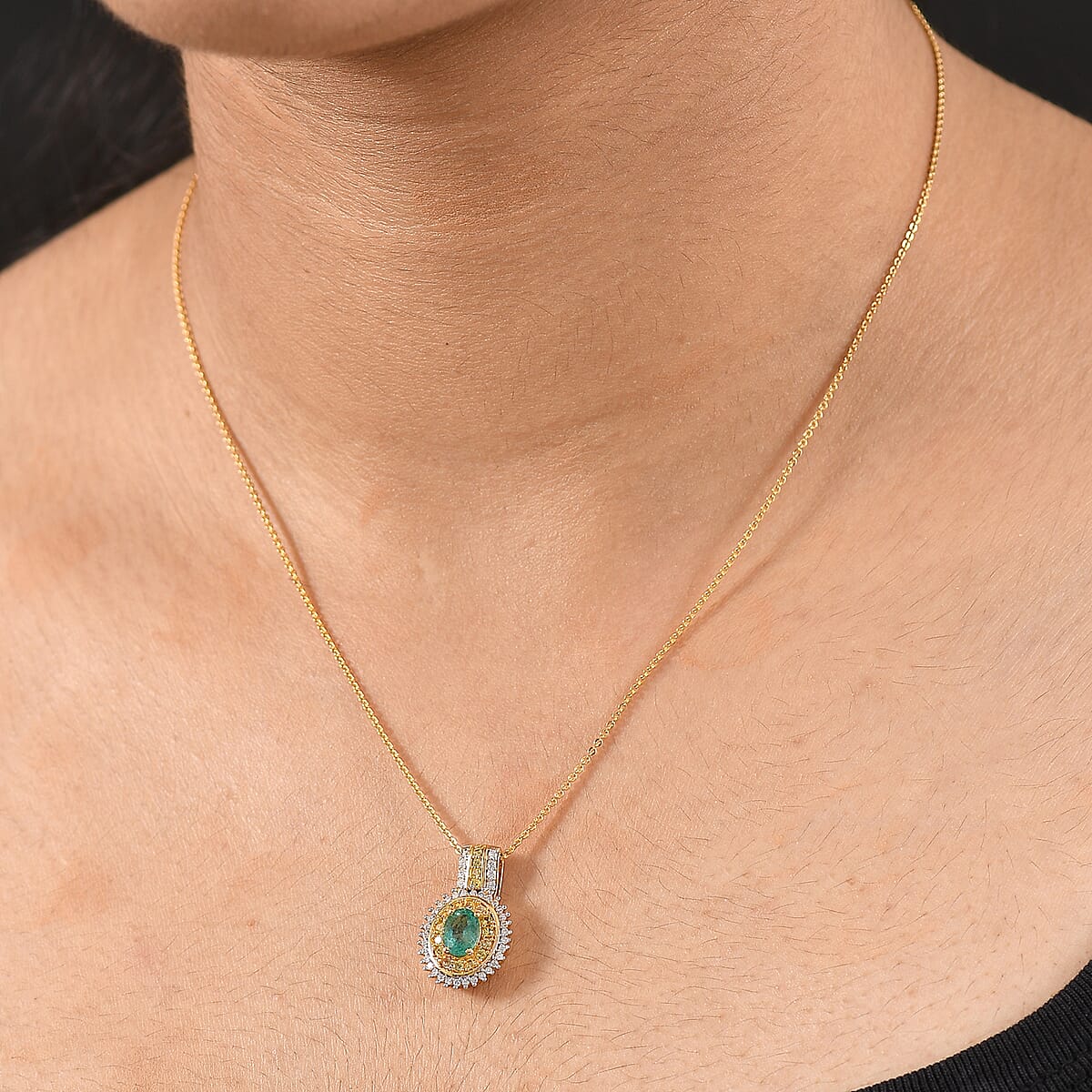 D'Joy Premium Emerald and Multi Gemstone 1.35 ctw Pendant Necklace 20 Inches in 18K Vermeil Yellow Gold Over Sterling Silver image number 2