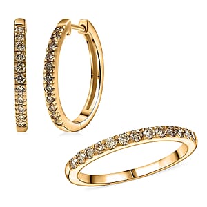  2 Piece Set Luxuriant Lab Grown Yellow Diamond SI 0.85 ctw Band Ring (Size 10.0) and Hoop Earrings in 18K Vermeil Yellow Gold Over Sterling Silver
