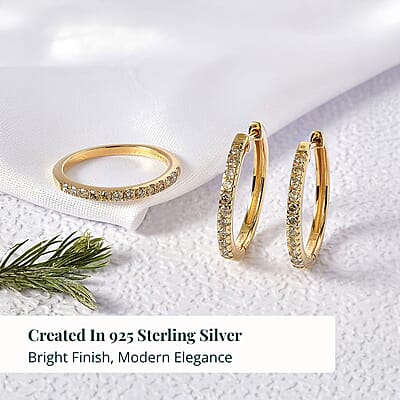 2 Piece Set Luxuriant Lab Grown Yellow Diamond SI 0.85 ctw Band Ring (Size 10.0) and Hoop Earrings in 18K Vermeil Yellow Gold Over Sterling Silver