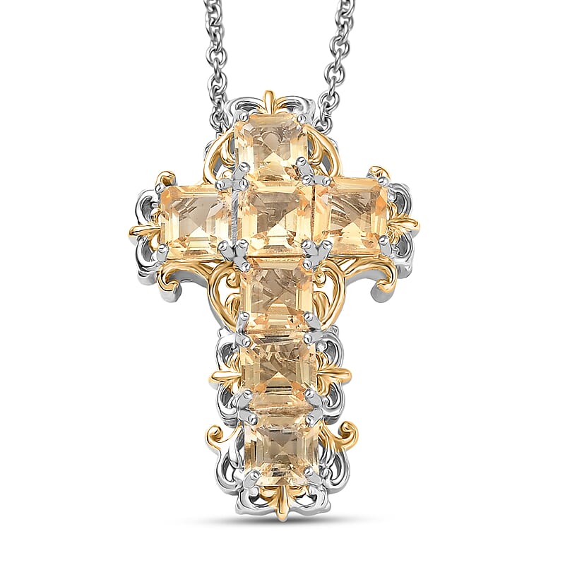 EverTrue Brazilian Citrine 4.65 ctw Art Nouveau Cross Pendant in 18K YG Plated and Platinum Bond with Stainless Steel Necklace 20 Inches