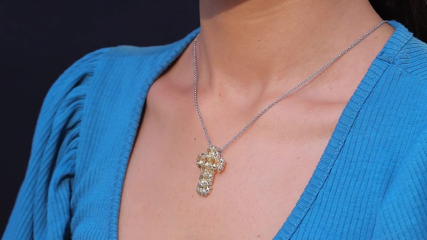 EverTrue Brazilian Citrine Cross Pendant in 18K YG Plated and Platinum Bond with Stainless Steel Necklace (20 Inches) 4.65 ctw