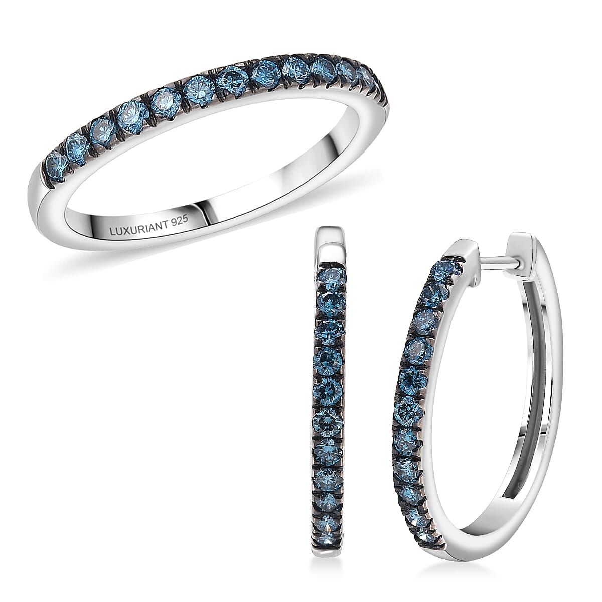 Doorbuster 2 Piece Set Luxuriant Lab Grown Blue Diamond SI 0.85 ctw Band Ring (Size 9.0) and Hoop Earrings in Rhodium Over Sterling Silver (Del. in 10-12 Days) image number 0
