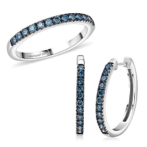Doorbuster 2 Piece Set Luxuriant Lab Grown Blue Diamond SI (IR) 0.85 ctw Band Ring (Size 6.00) and Hoop Earrings in Rhodium Over Sterling Silver (Del. in 10-12 Days)