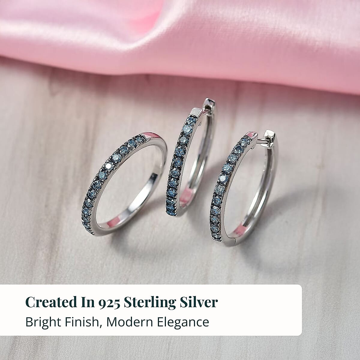  2 Piece Set Luxuriant Lab Grown Blue Diamond SI 0.85 ctw Band Ring (Size 9.0) and Hoop Earrings in Rhodium Over Sterling Silver image number 3