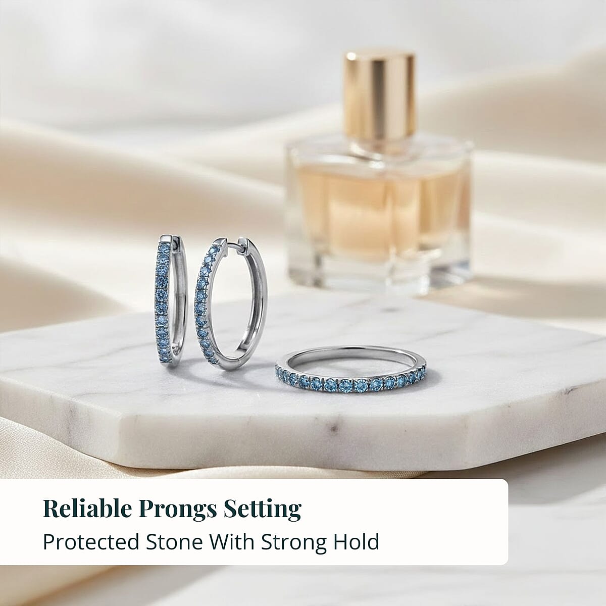  2 Piece Set Luxuriant Lab Grown Blue Diamond SI 0.85 ctw Band Ring (Size 9.0) and Hoop Earrings in Rhodium Over Sterling Silver image number 5