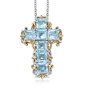 EverTrue Sky Blue Topaz 5.70 ctw Art Nouveau Cross Pendant in 18K YG Plated and Platinum Bond with Stainless Steel Necklace 20 Inches