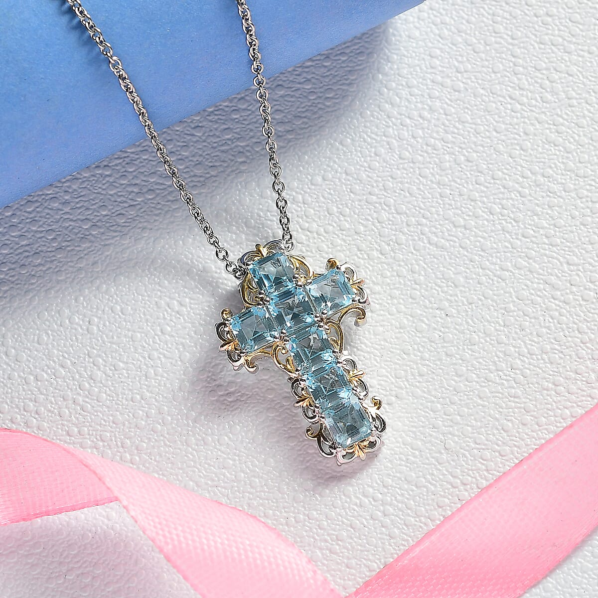 EverTrue Sky Blue Topaz 5.70 ctw Art Nouveau Cross Pendant in 18K YG Plated and Platinum Bond with Stainless Steel Necklace 20 Inches image number 1