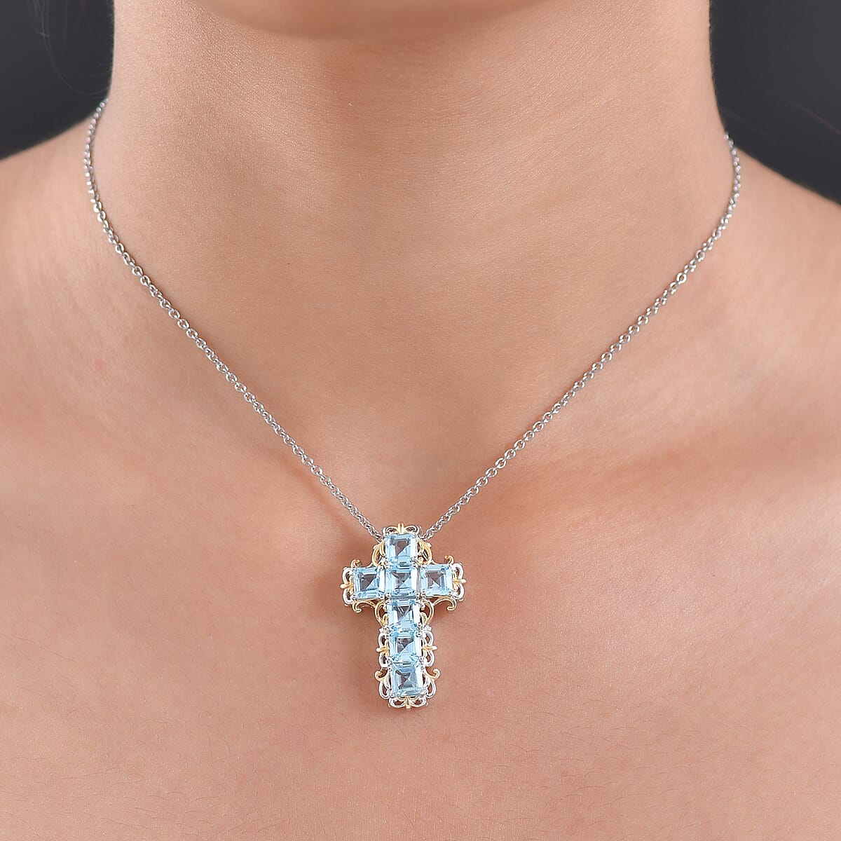 EverTrue Sky Blue Topaz 5.70 ctw Art Nouveau Cross Pendant in 18K YG Plated and Platinum Bond with Stainless Steel Necklace 20 Inches image number 2