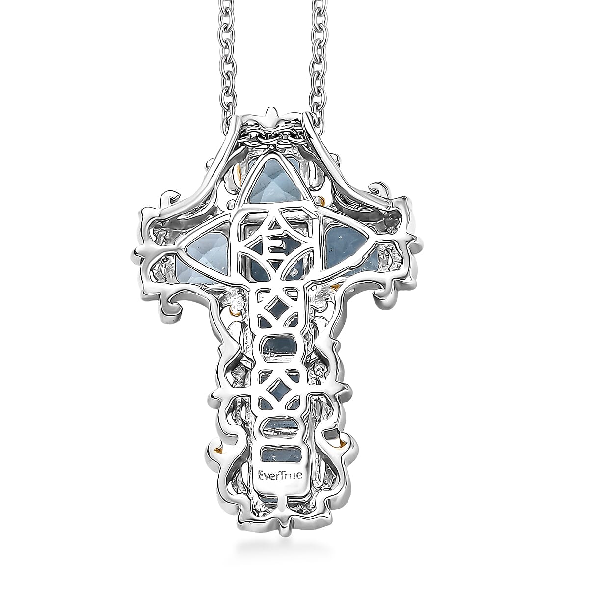 EverTrue Sky Blue Topaz 5.70 ctw Art Nouveau Cross Pendant in 18K YG Plated and Platinum Bond with Stainless Steel Necklace 20 Inches image number 4