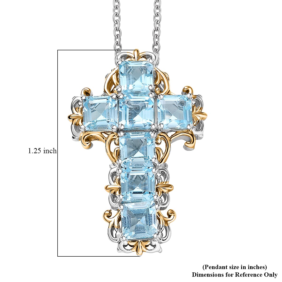 EverTrue Sky Blue Topaz 5.70 ctw Art Nouveau Cross Pendant in 18K YG Plated and Platinum Bond with Stainless Steel Necklace 20 Inches image number 6